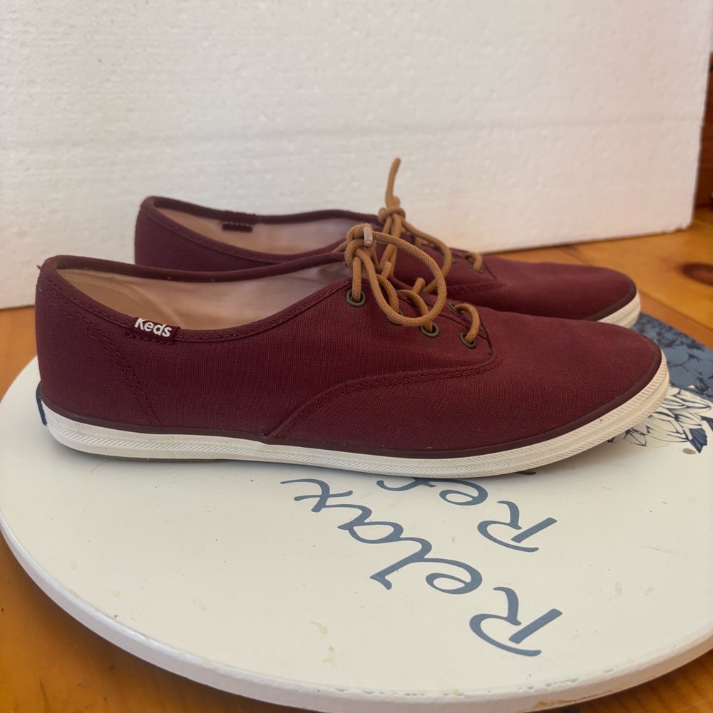 Keds Women’s Burgundy Canvas Sneakers with Tan Laces | Size 7.5
